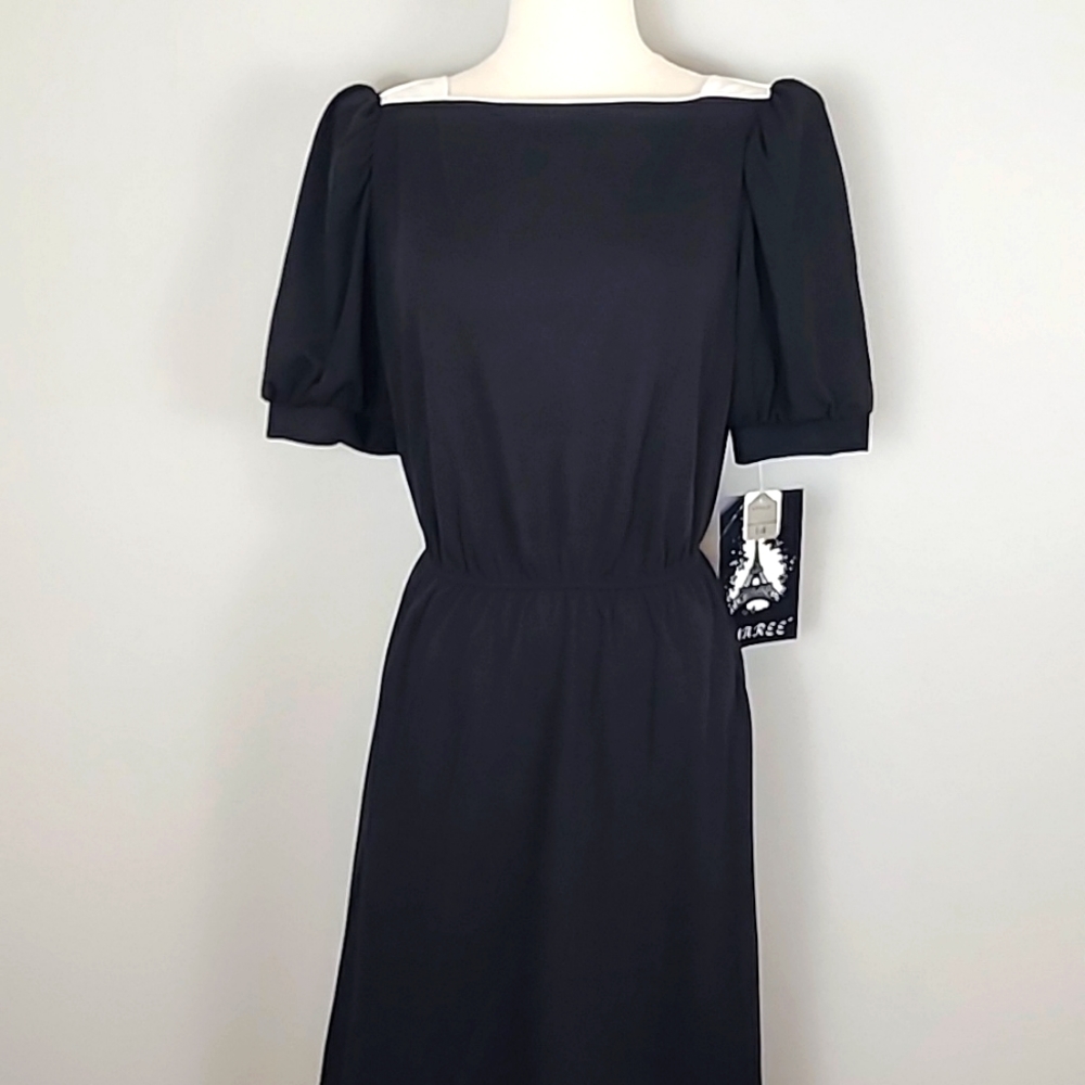 VINTAGE NWT Maree Black Short Sleeve Dress with White Piping, Shoulder Details